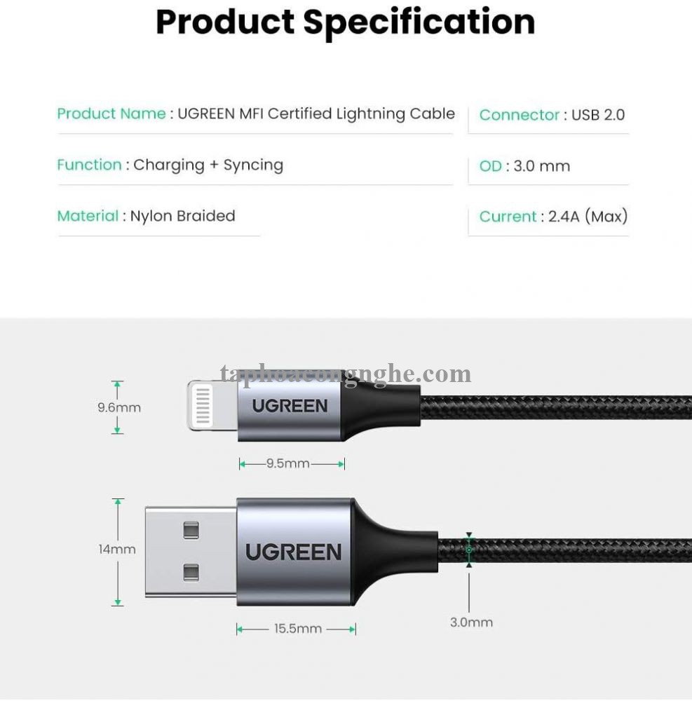 Ugreen 60159 0.25m màu trắng cáp USB 2.0 A ra Lightning MFI đầu bọc nhôm mà nickel chống nhiễu 25cm US291 30060159